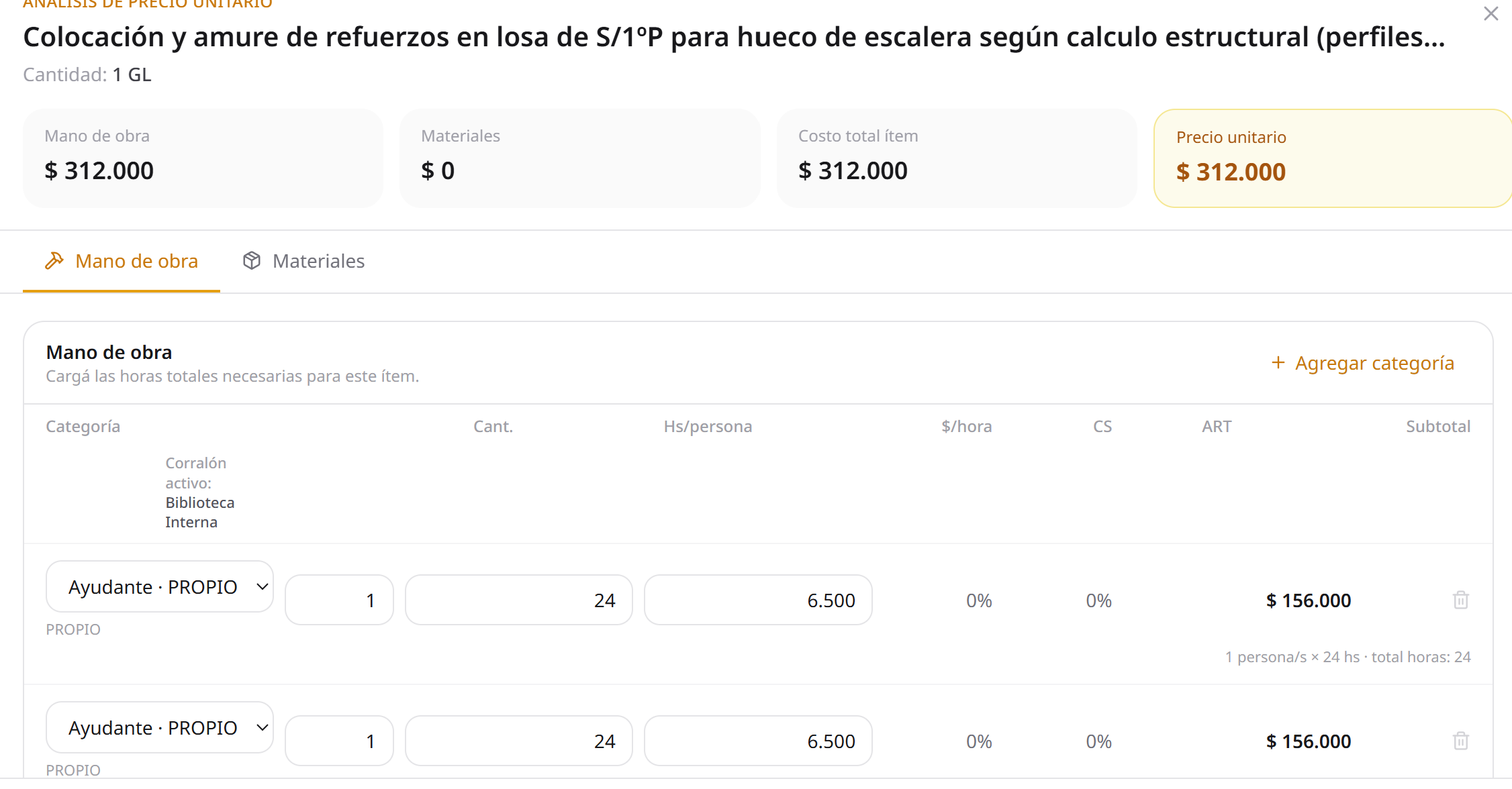 Pantalla de análisis de precios unitarios en Sillar